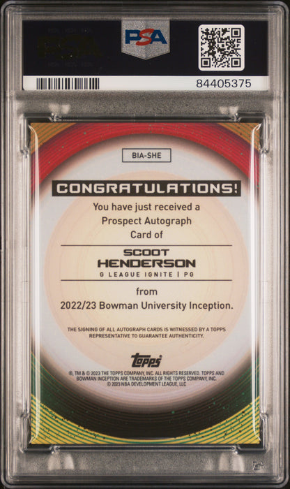2022 Bowman U Inception Autographs Scoot Henderson #SHE Autograph PSA 9 Auto 10