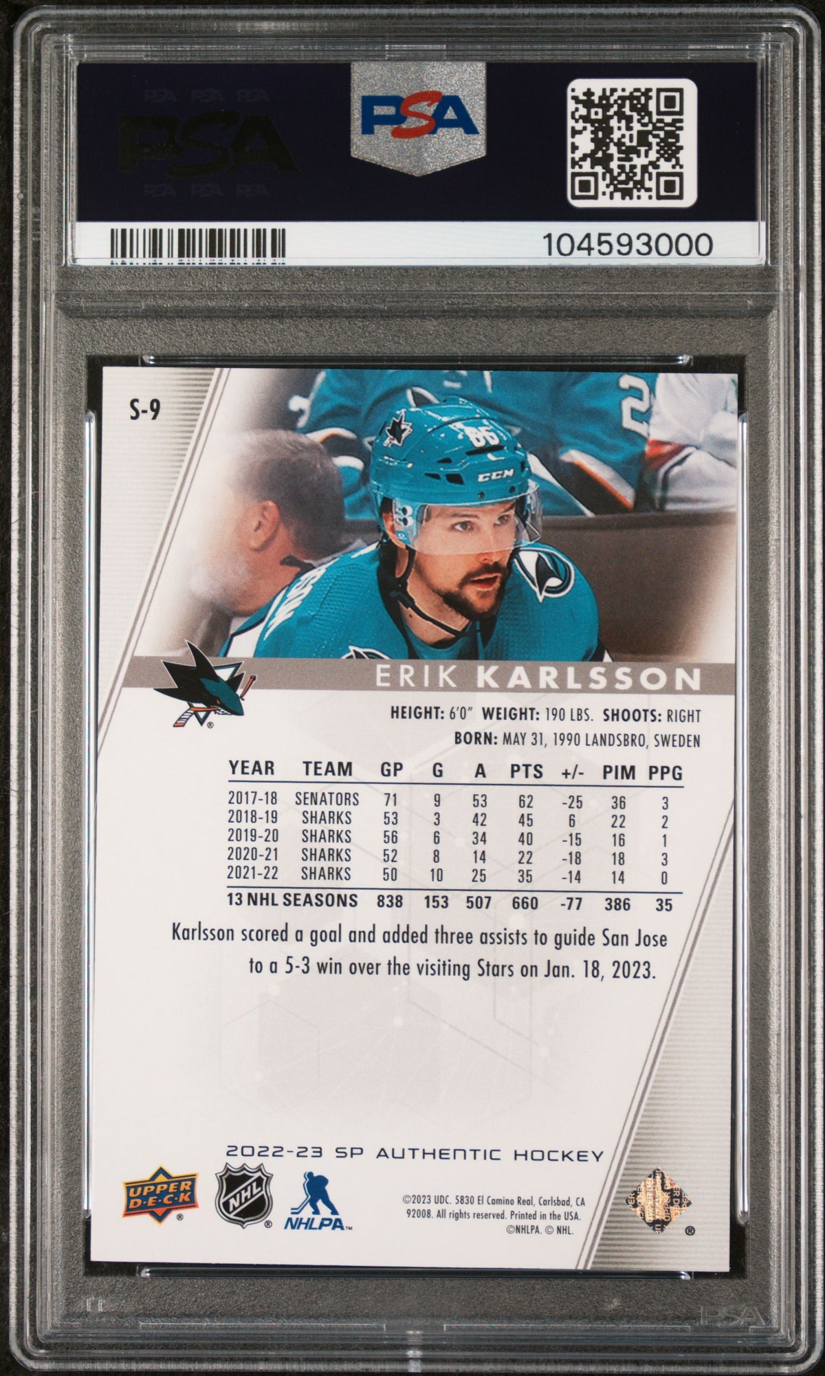 2022 SP Authentic - Erik Karlsson #S9  - Spectrum FX Bounty GOLD /50 - PSA 10
