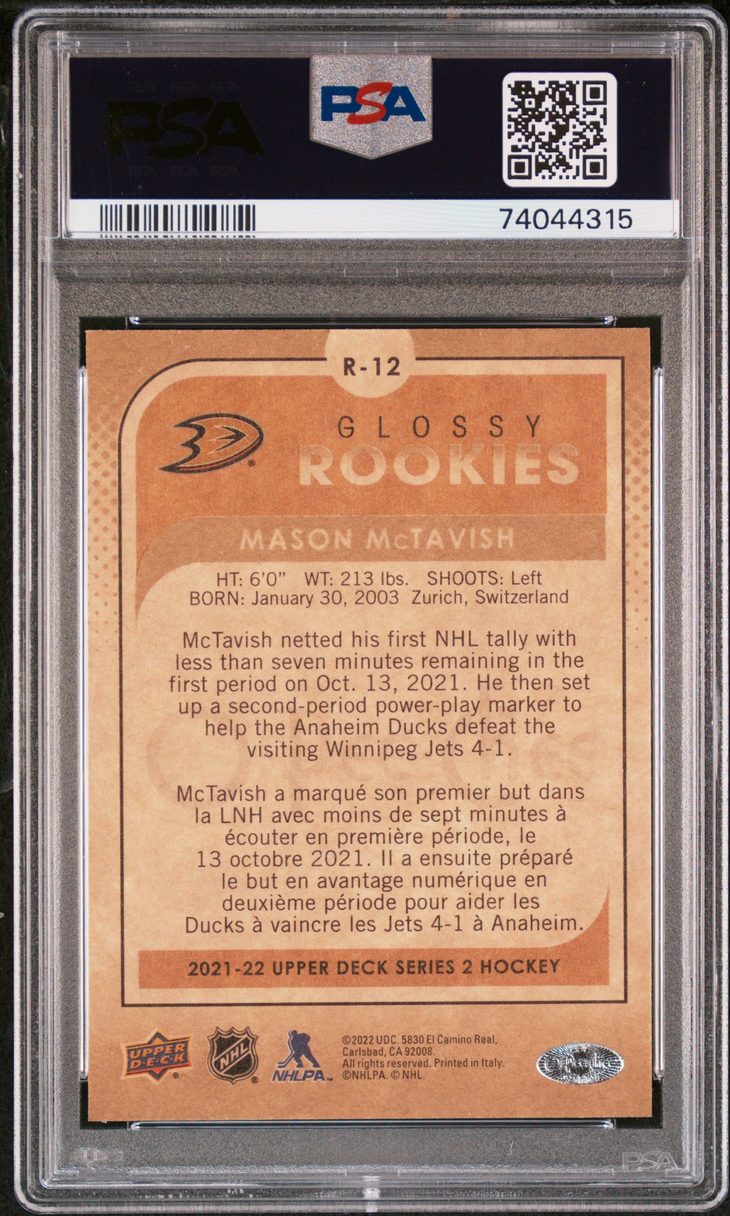 2021-2022 Upper Deck O-Pee-Chee Glossy Gold Rookie Mason Mctavish #R12 PSA 9