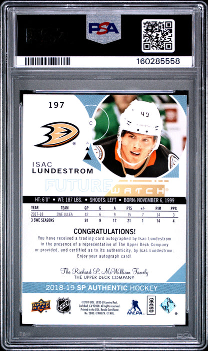 2018 SP Authentic- Isac Lundestrom -FUTURE WATCH AUTO /999 - PSA - INSCRIBED /50