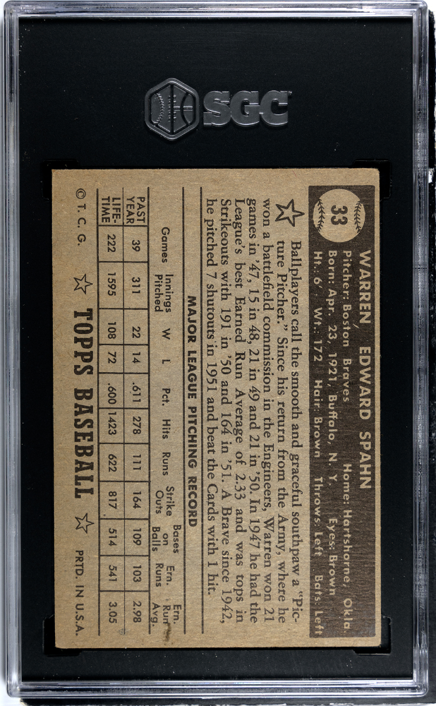 1952 Topps Baseball - Warren Spahn #33 - SGC 1