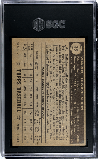 1952 Topps Baseball - Warren Spahn #33 - SGC 1