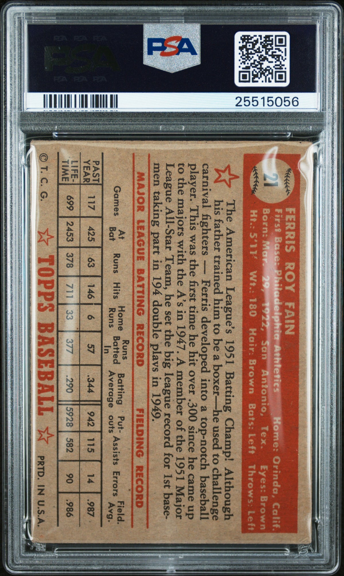 1952 Topps MLB Baseball - Ferris Fain #21 - PSA 1.5