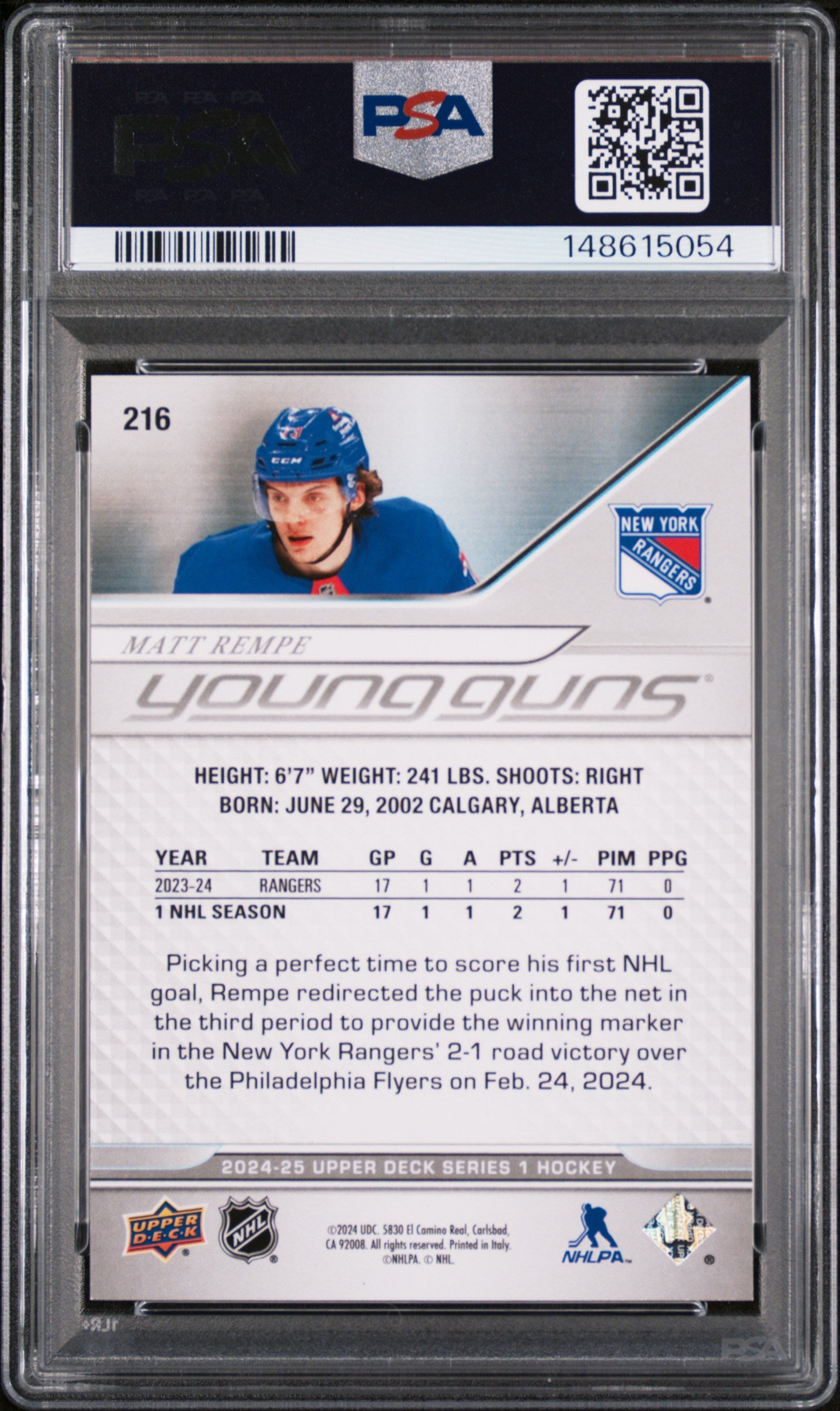 2024 Upper Deck - Matt Rempe #216 a - Young Guns Rookie - Exclusives /100 - PSA