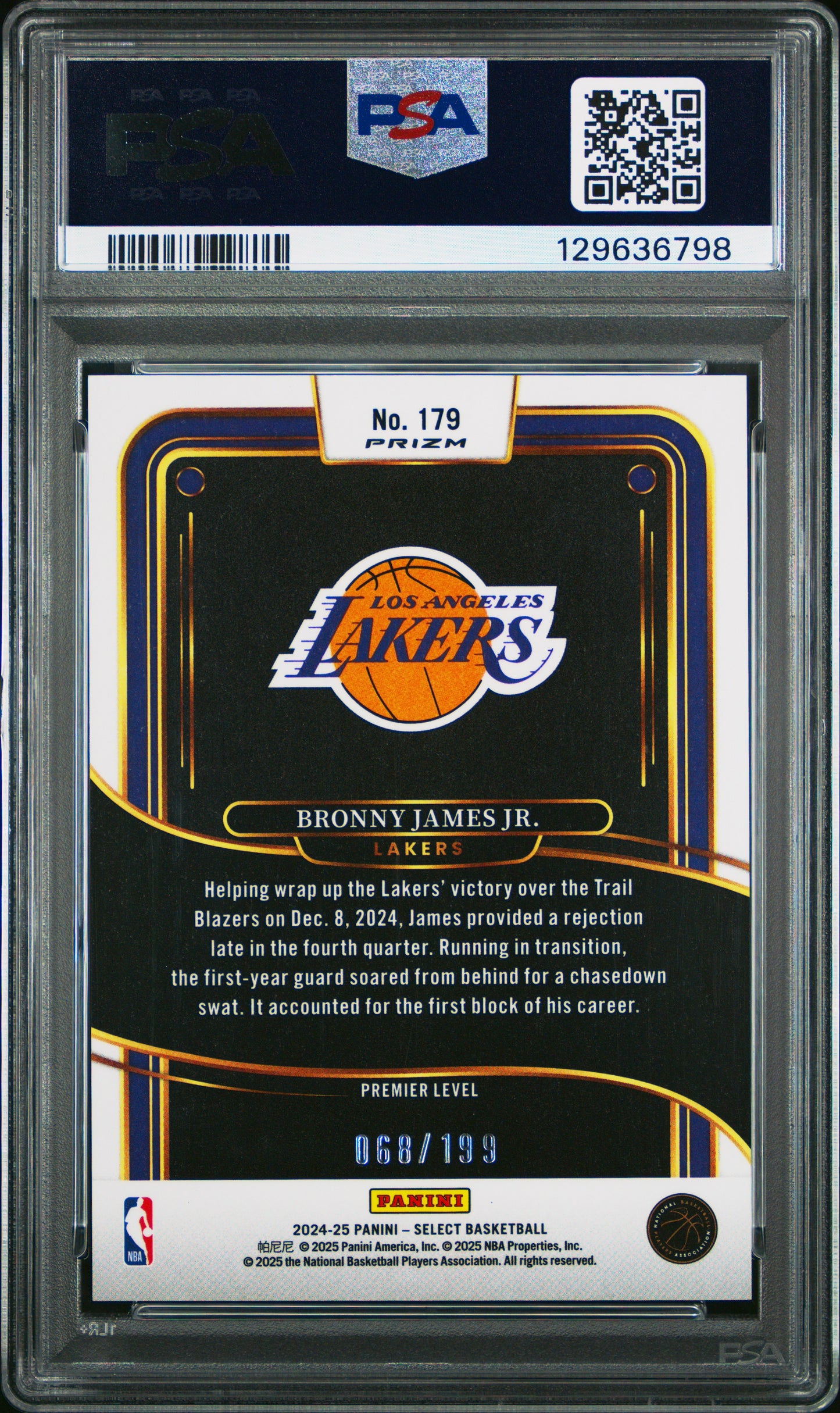 2024 Panini Select NBA - Bronny James JR. #179- Red Prizm /199 - ROOKIE - PSA 10