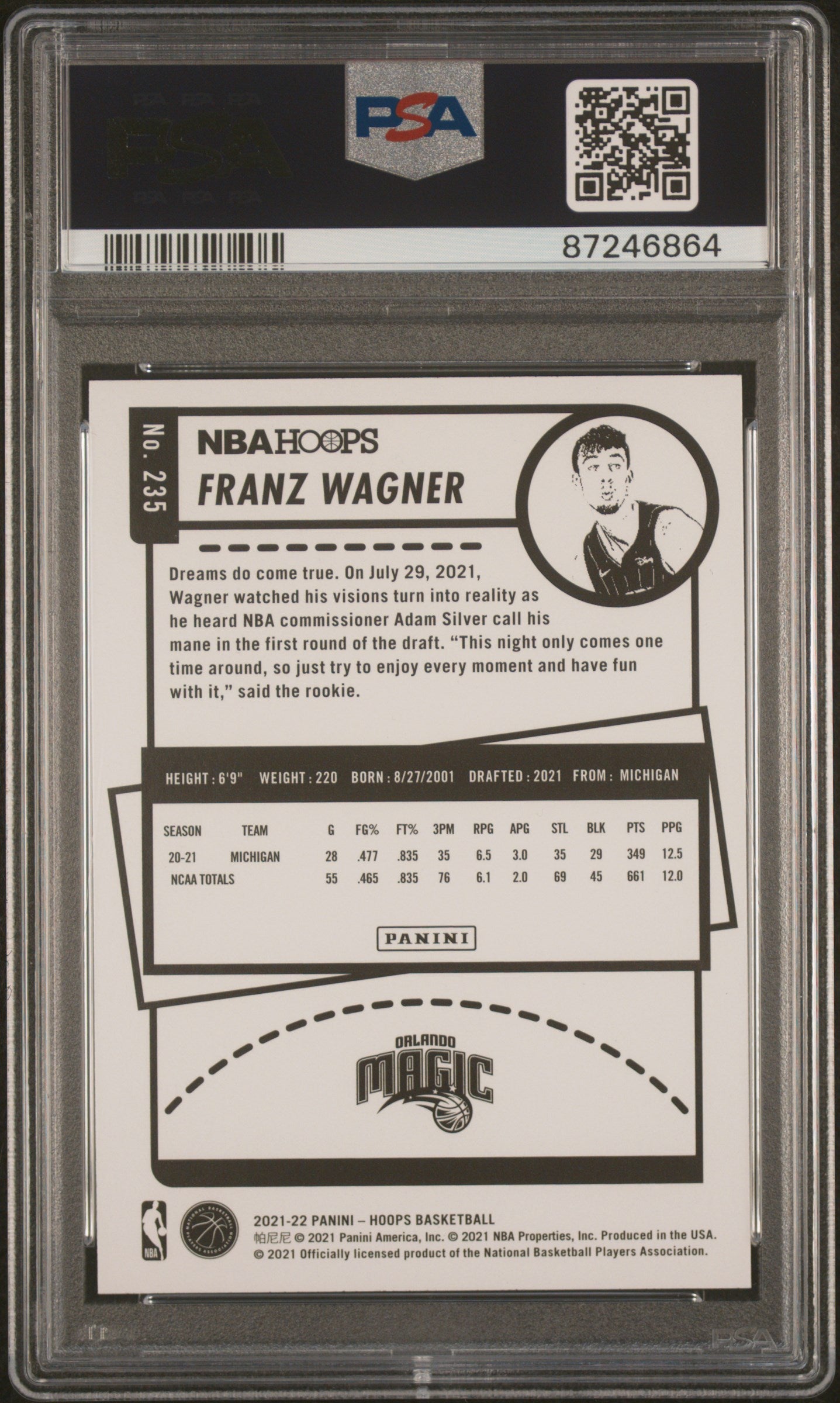 2021 Panini NBA Hoops Franz Wagner #235 Blue PSA 9