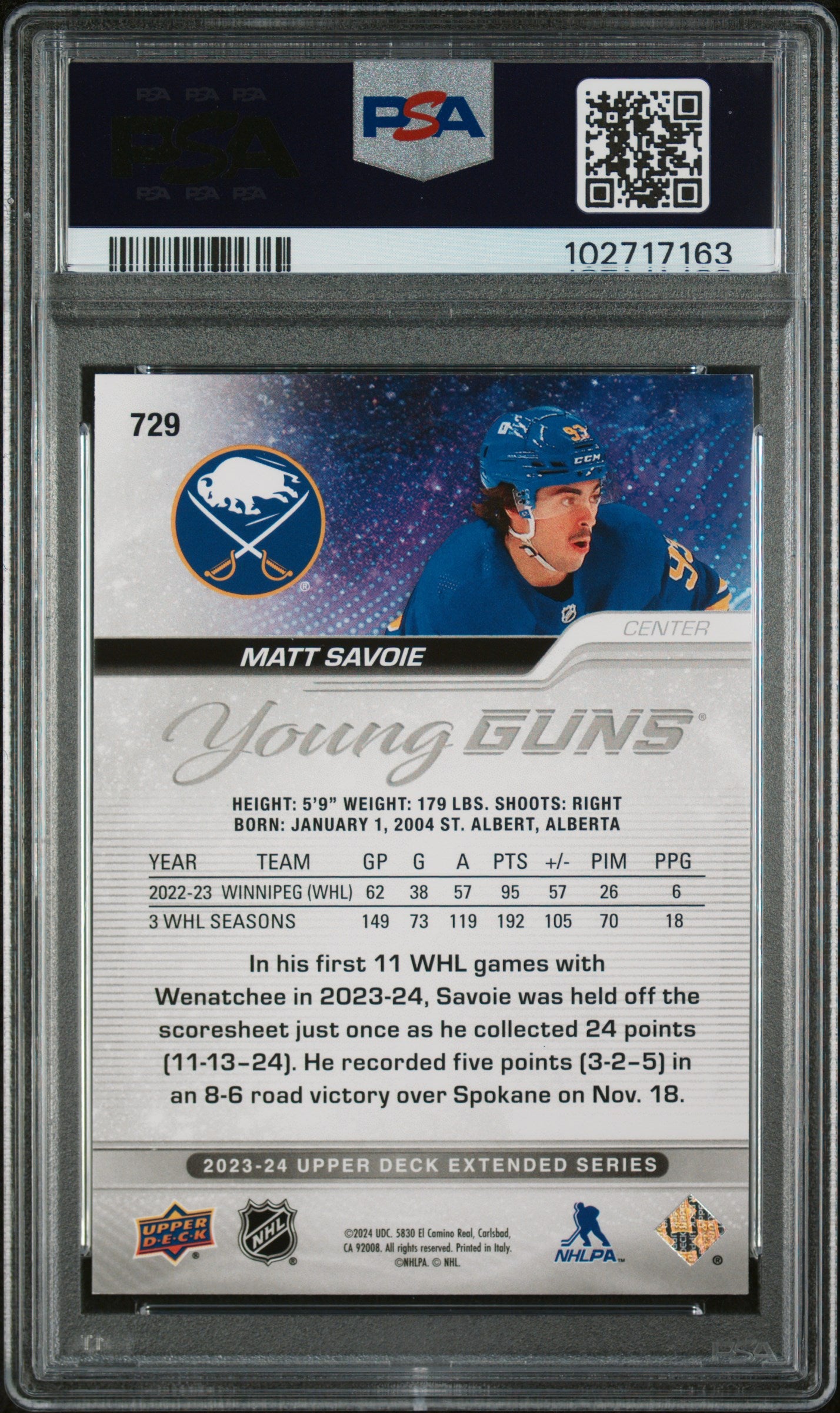 2023 Upper Deck - Matt Savoie #729 - YOUNG GUNS - Silver Outburst - PSA