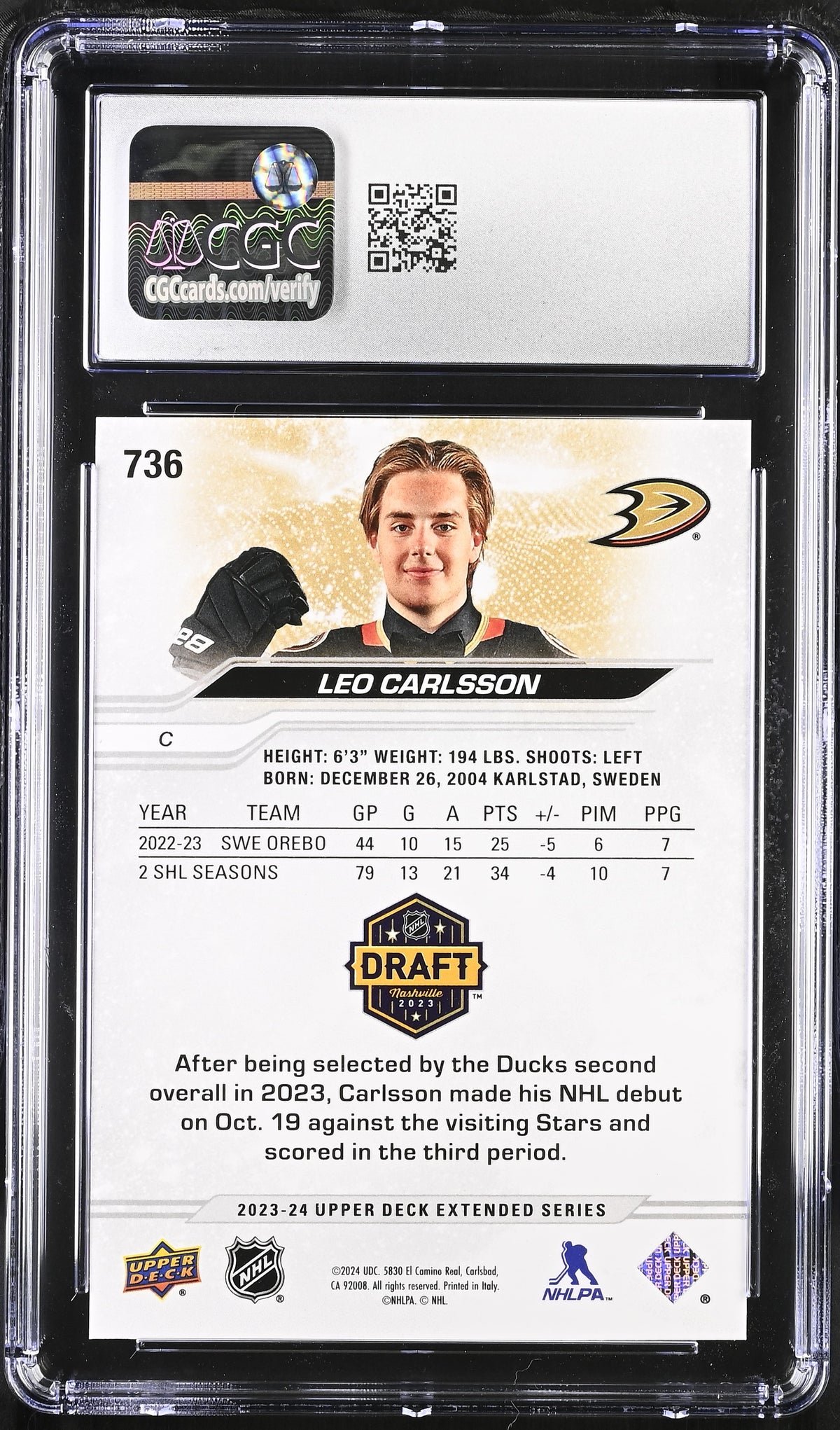 2023-24 Upper Deck- Leo Carlsson - Draft Day - Silver Outburst - ROOKIE - CGC 10
