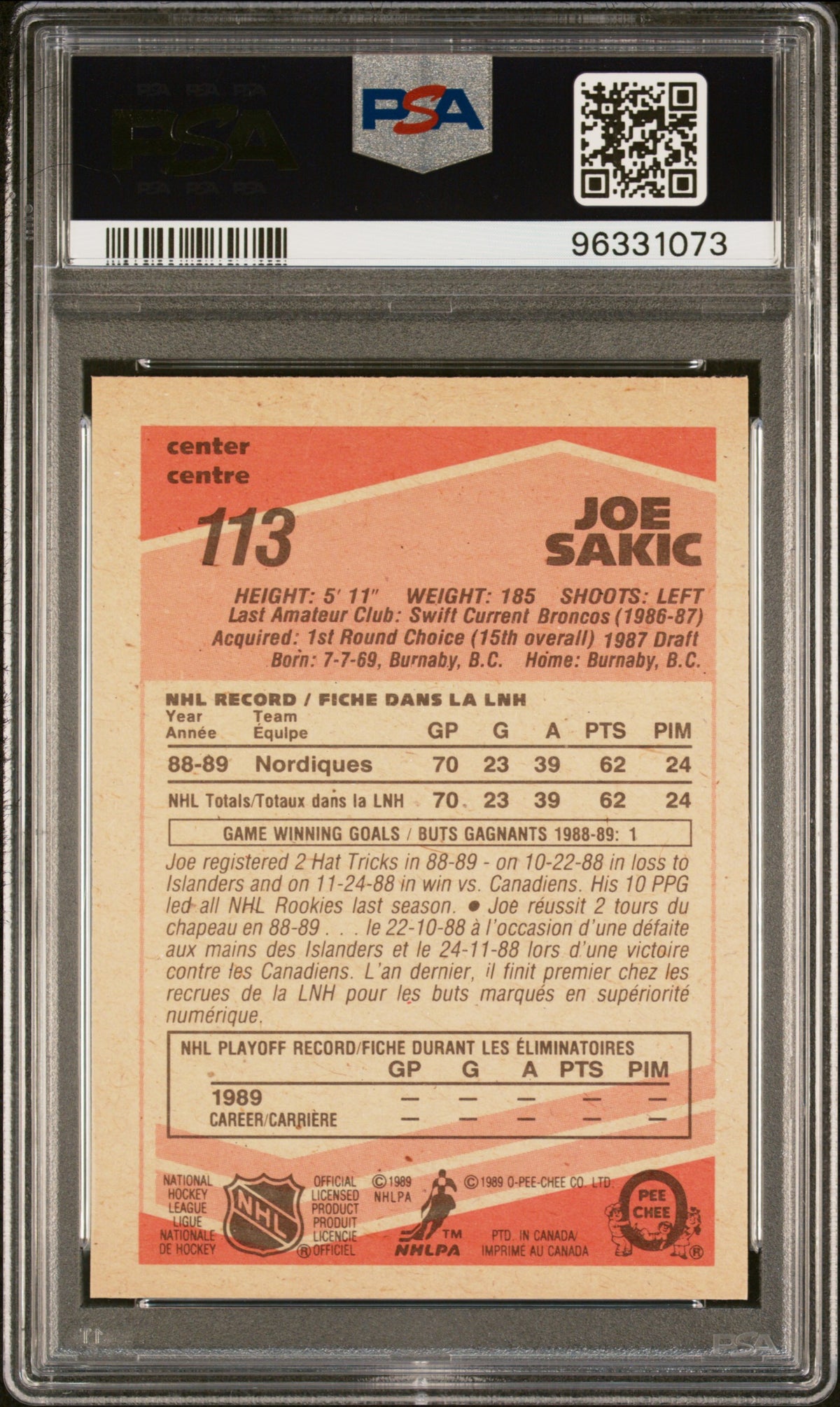 1989 O-Pee-Chee Hockey - Joe Sakic #113 - Quebec Nordiques - PSA
