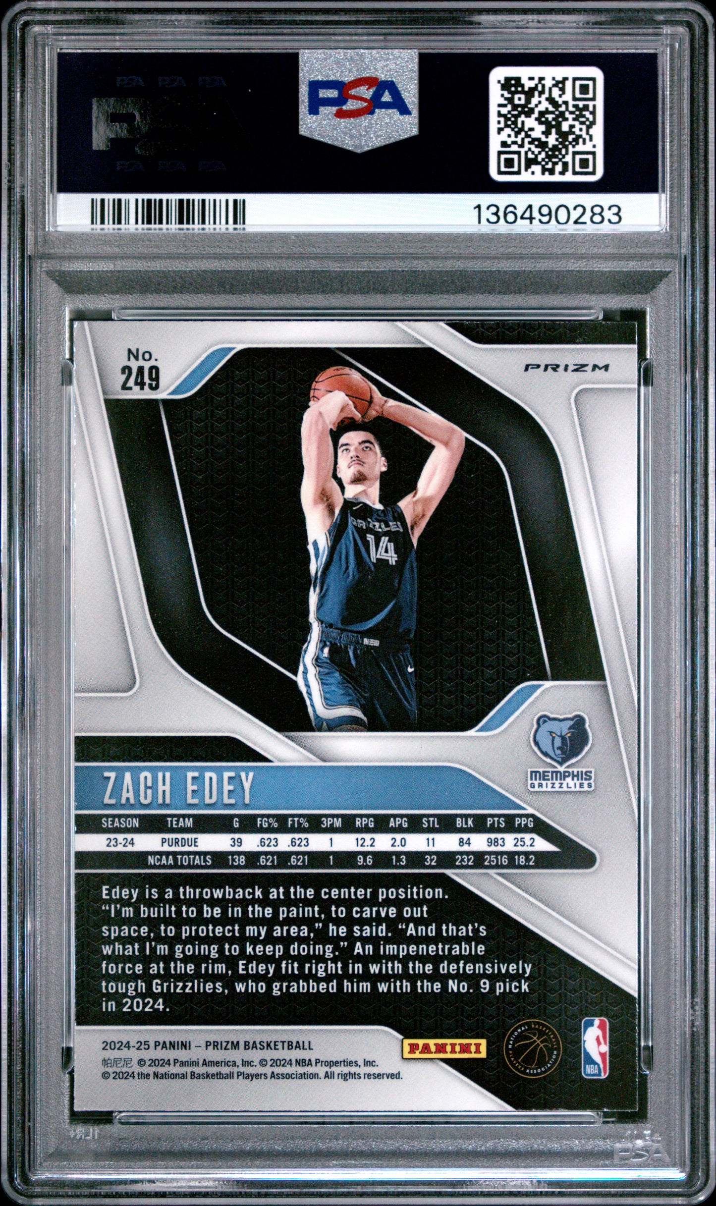 2024 Panini Prizm - Zach Edey #249 - ROOKIE - Silver Prizm ROOKIE - PSA - ROOKIE