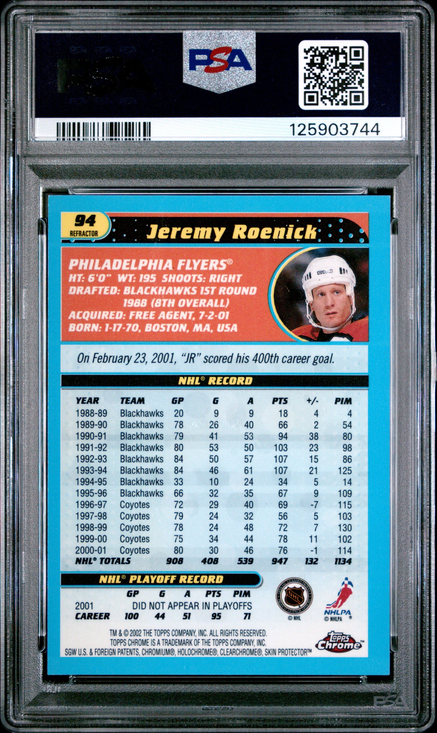 2001 Topps Chrome Hockey - Jeremy Roenick #94 - REFRACTOR - PSA - REFRACTOR