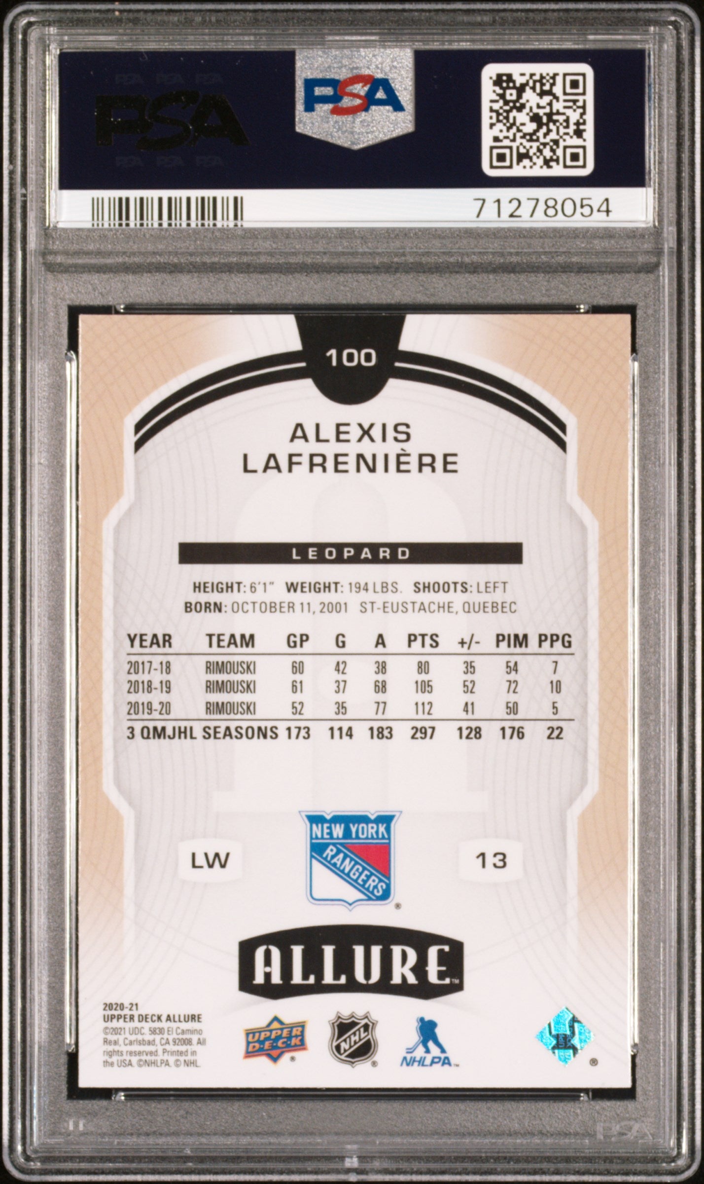 2020 Upper Deck Allure- Alexis Lafreniere #100 - ROOKIE - Leopard - ROOKIE - PSA