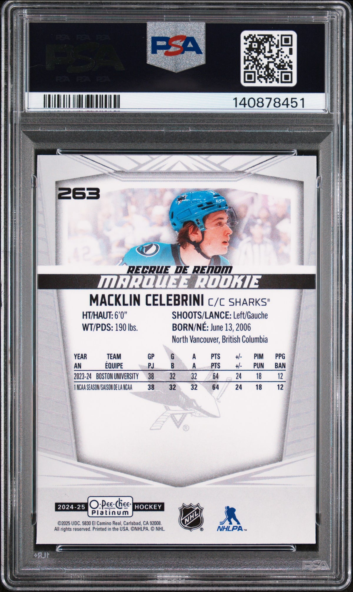 2024 O-Pee-Chee Platinum Hockey - Macklin Celebrini #263 - ROOKIE - PSA - ROOKIE