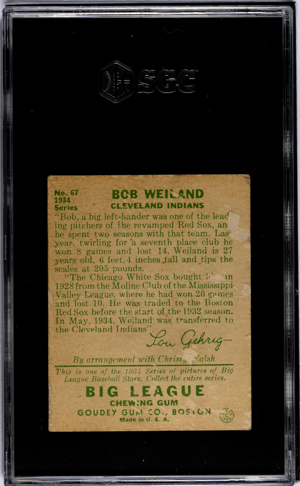 1934 Goudey Baseball - Bob Weiland #67 - SGC 1