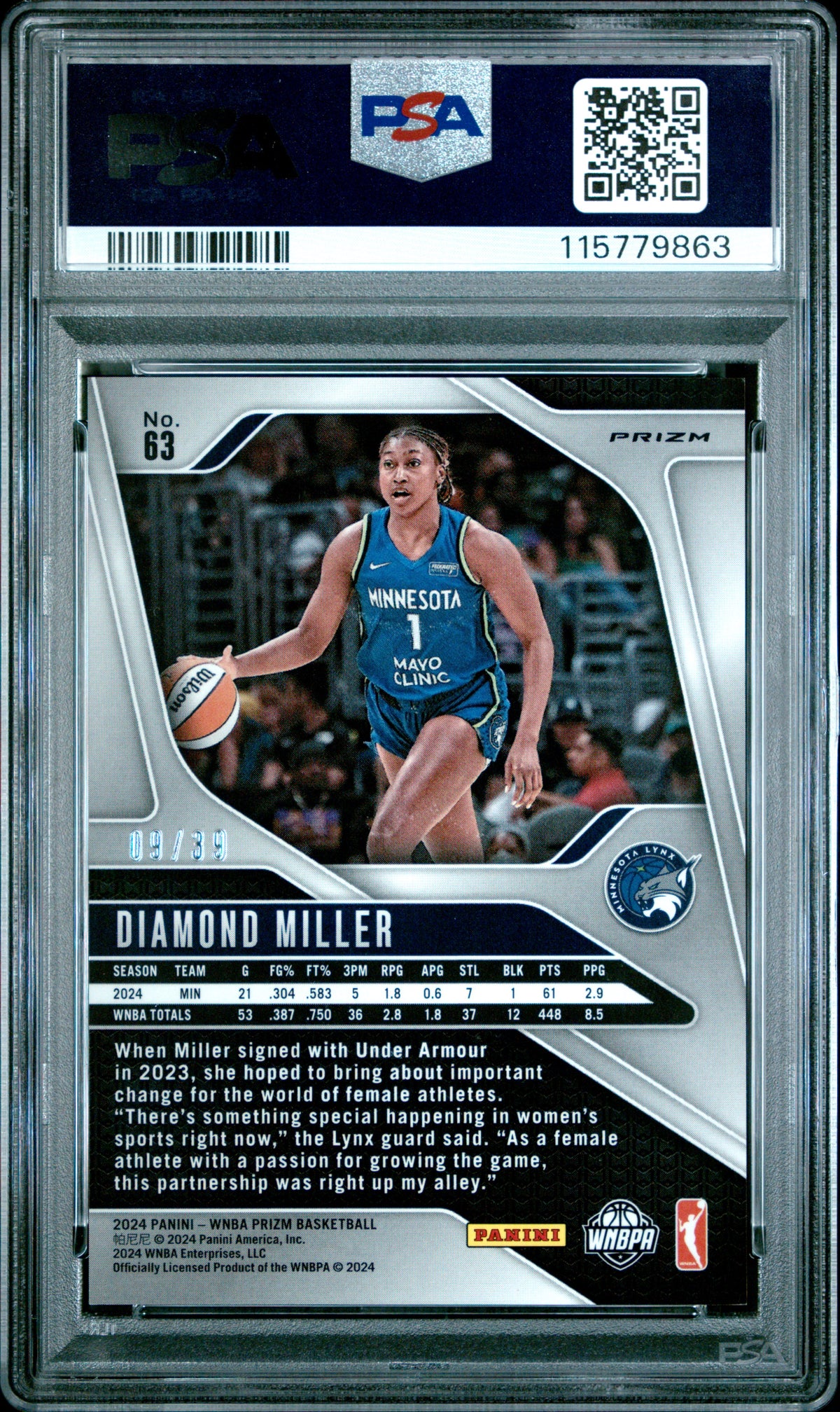 2024 Panini Prizm WNBA - Diamond Miller /39 - Black Velocity /39 - PSA 10