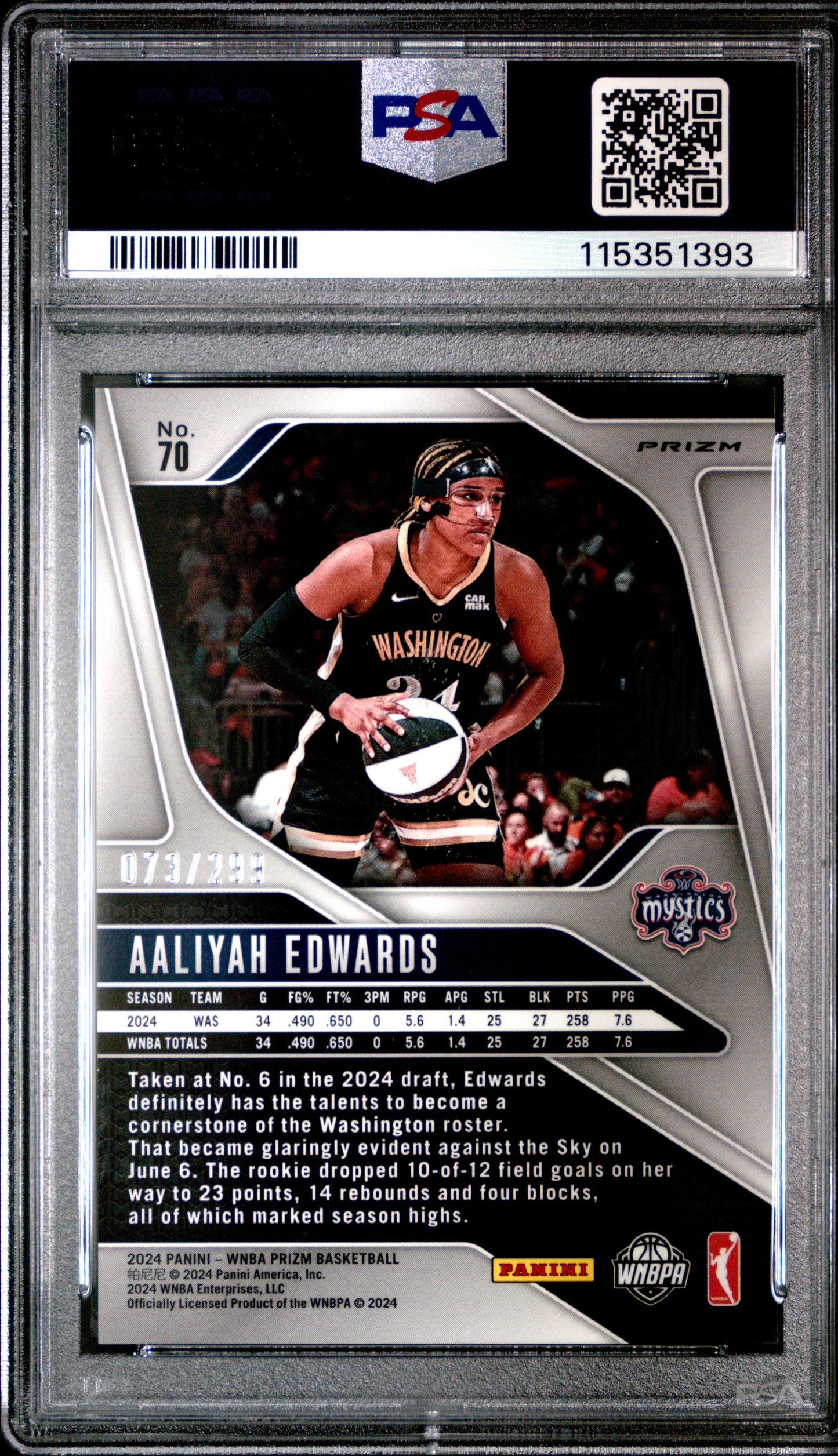 2024 Panini Prizm WNBA - Aaliyah Edwards #70 - Red /299 - ROOKIE /299 - PSA 10