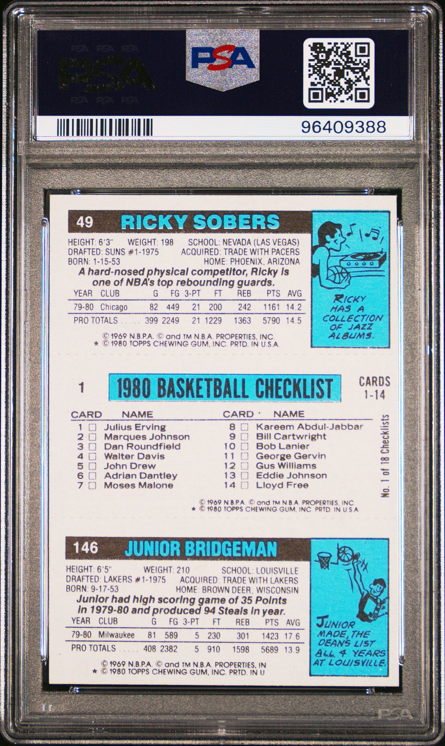 1980 Topps Julus Erving Junior Bridgeman Ricky Sobers PSA 7