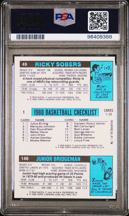 1980 Topps Julus Erving Junior Bridgeman Ricky Sobers PSA 7