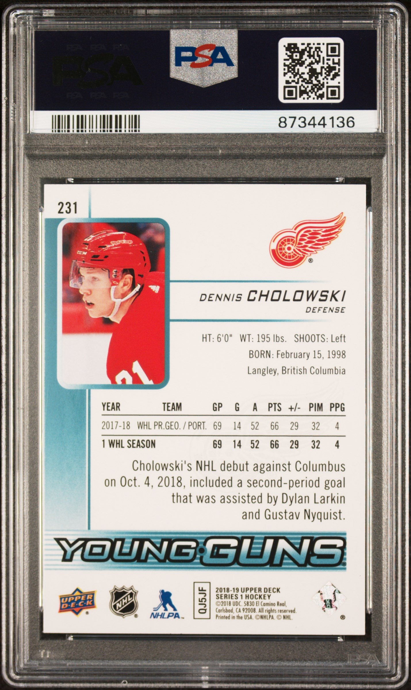 2018 Upper Deck - Dennis Cholowski #231 - YOUNG GUNS ROOKIE - PSA 10