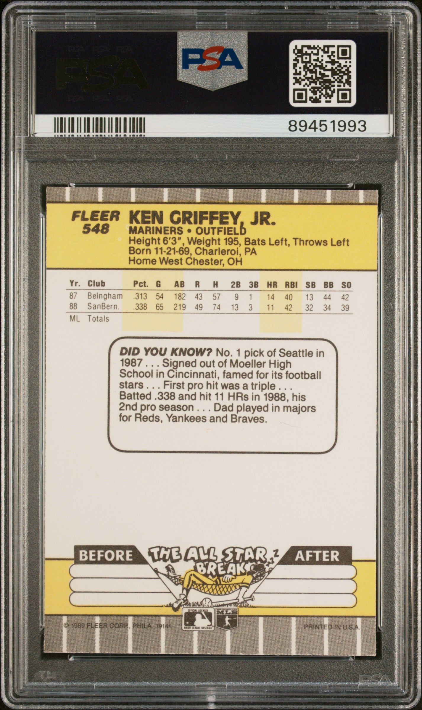 1989 Fleer Ken Griffey JR. #548 PSA 9