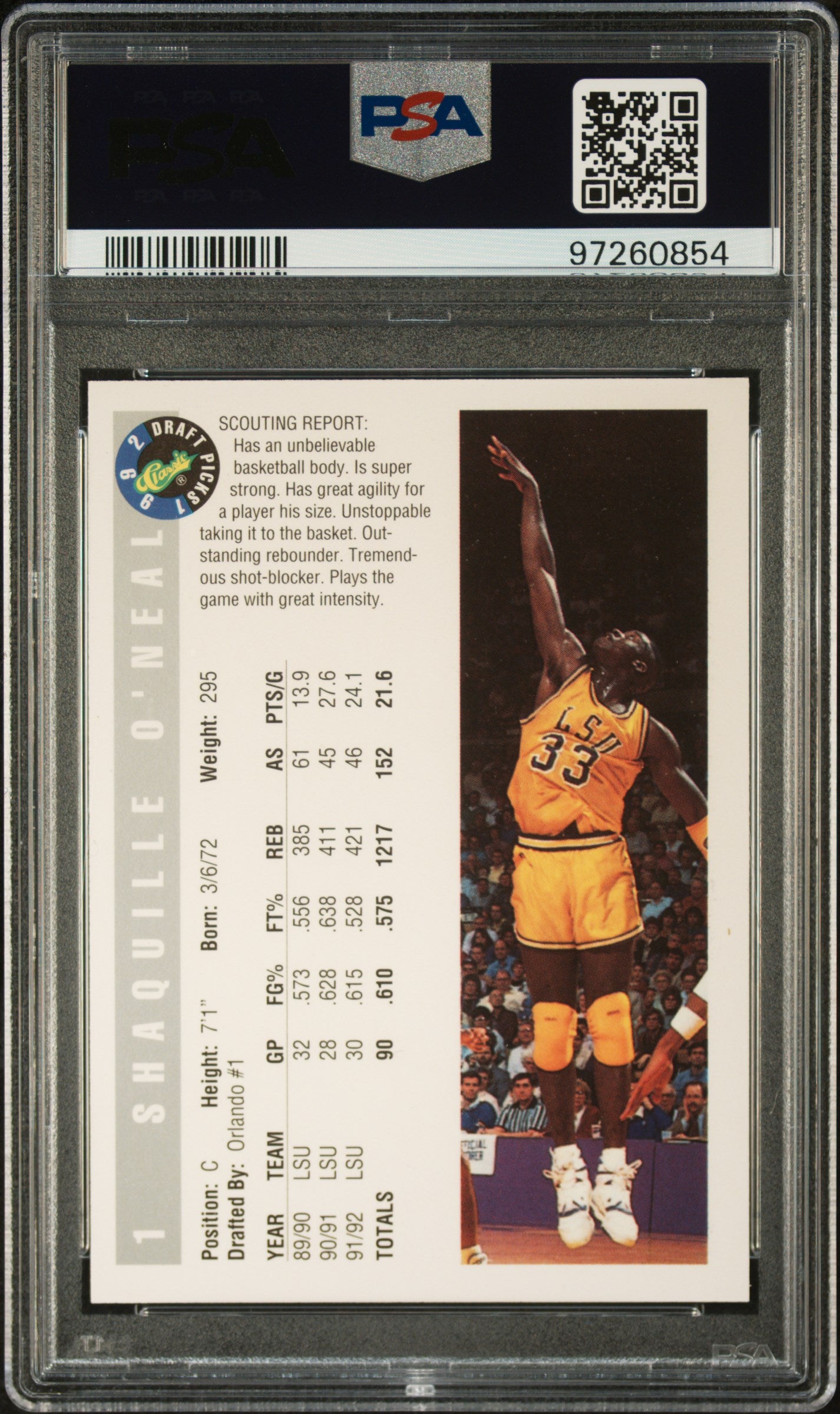 1992 Classic Draft Picks Shaquille O'Neal #1 PSA 9