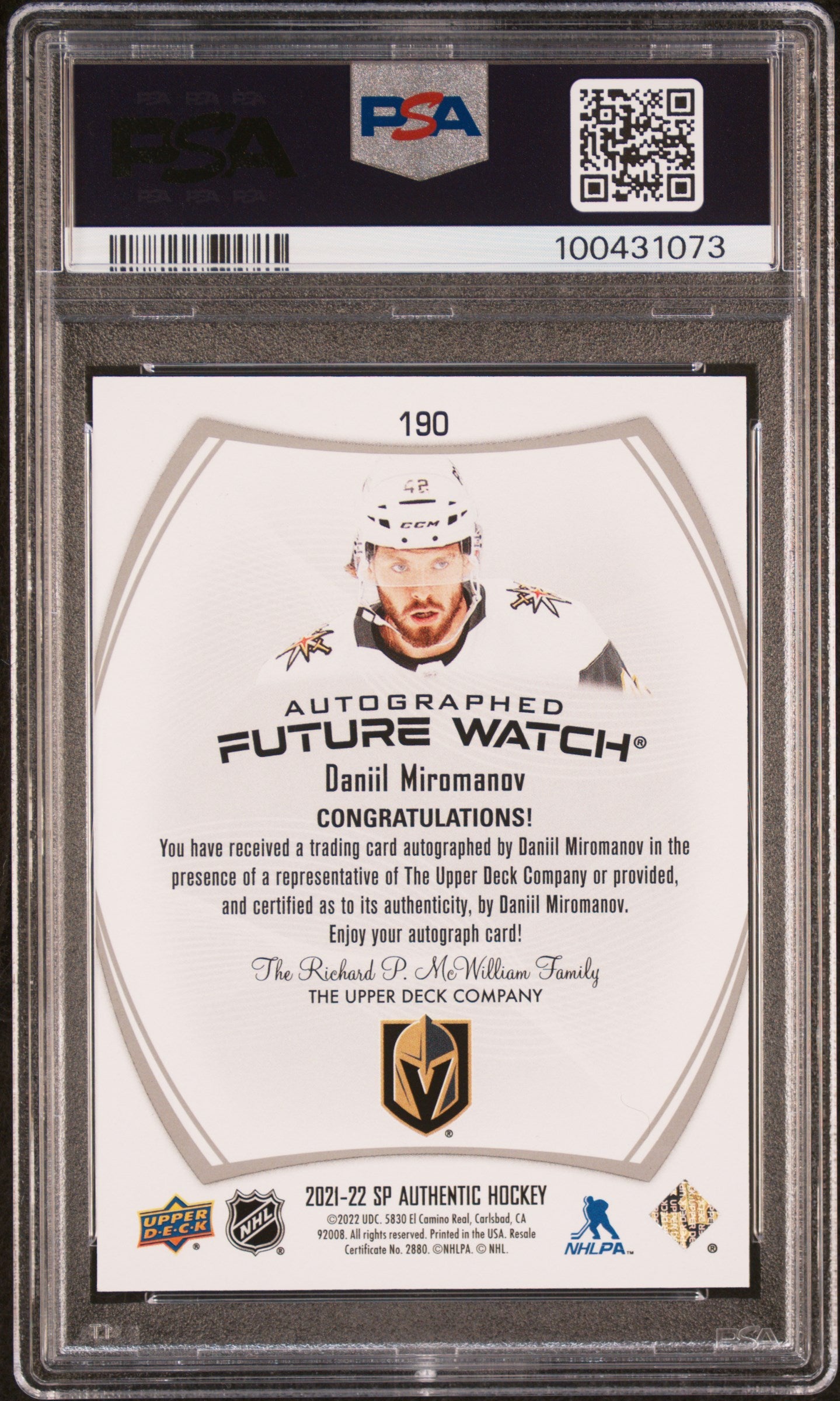 2021 SP Authentic Daniil Miromanov #190 Future Watch Autograph /999 ROOKIE PSA