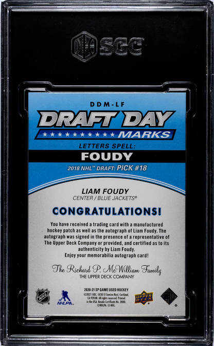 2020 Upper Deck SP Game Used Liam Foudy Draft Day Marks "U" SGC 10