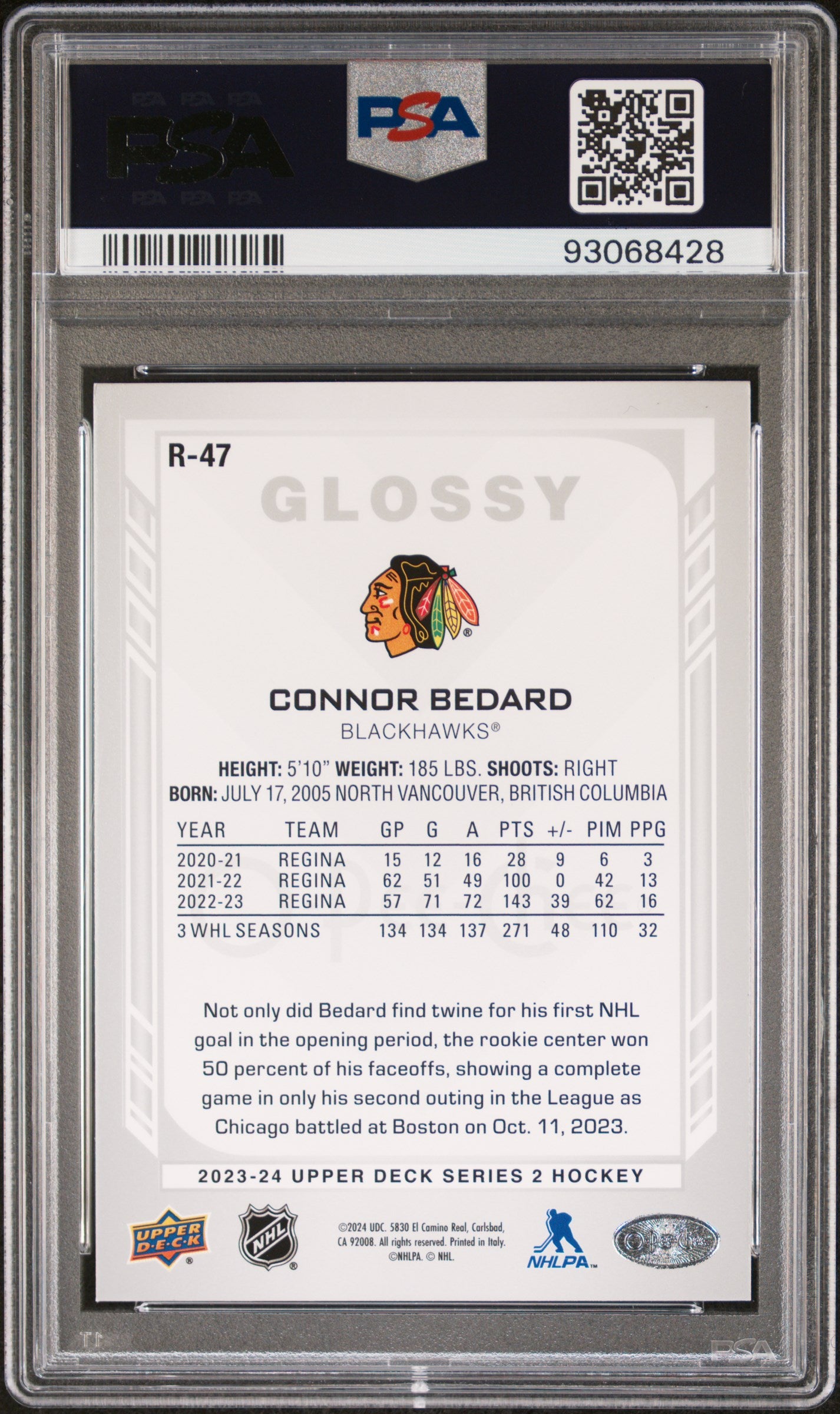 2023 Upper Deck Opc Glossy Connor Bedard #R47 PSA 9