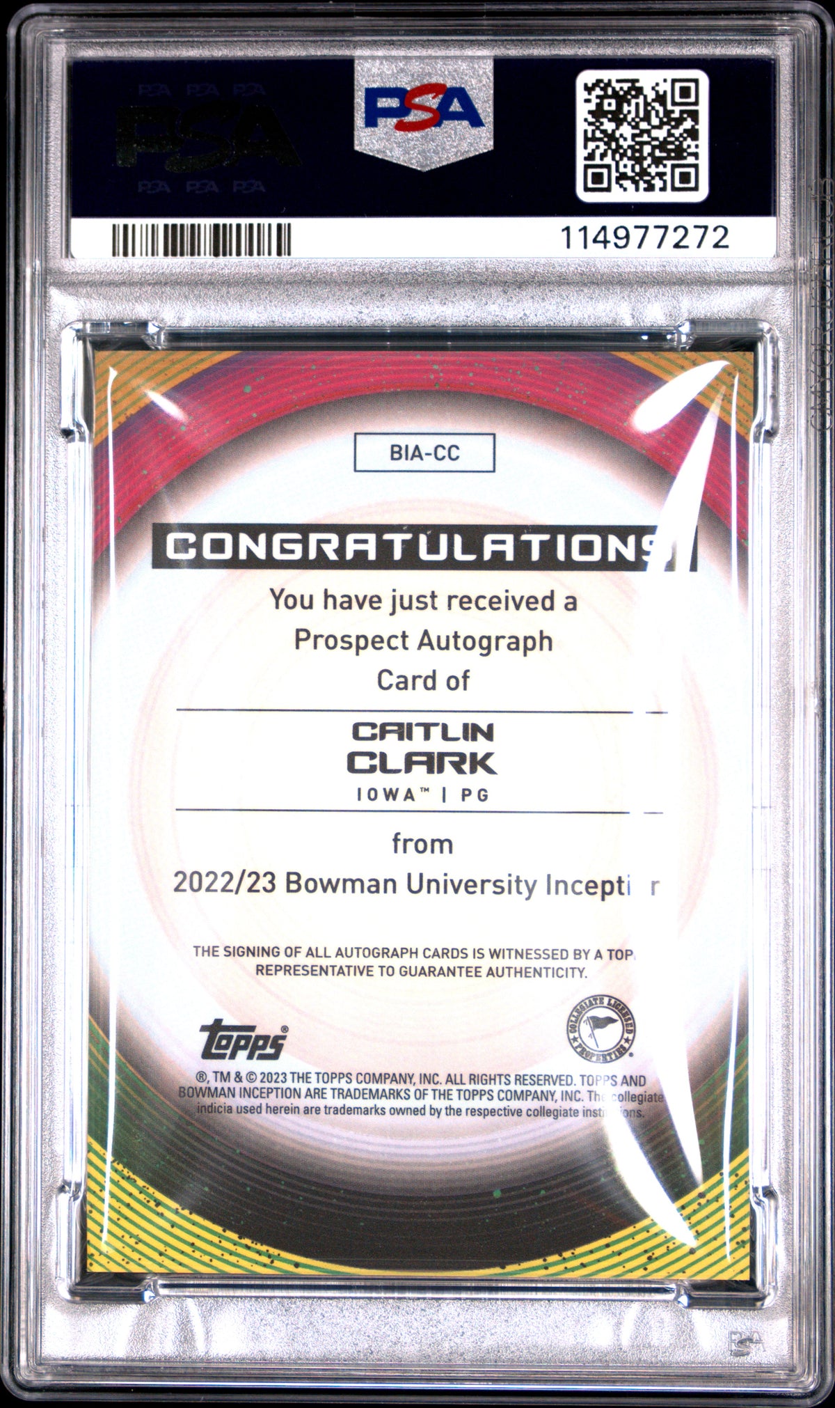 2022 Bowman University Inception - Caitlin Clark #CC - ROOKIE AUTO - PSA 10