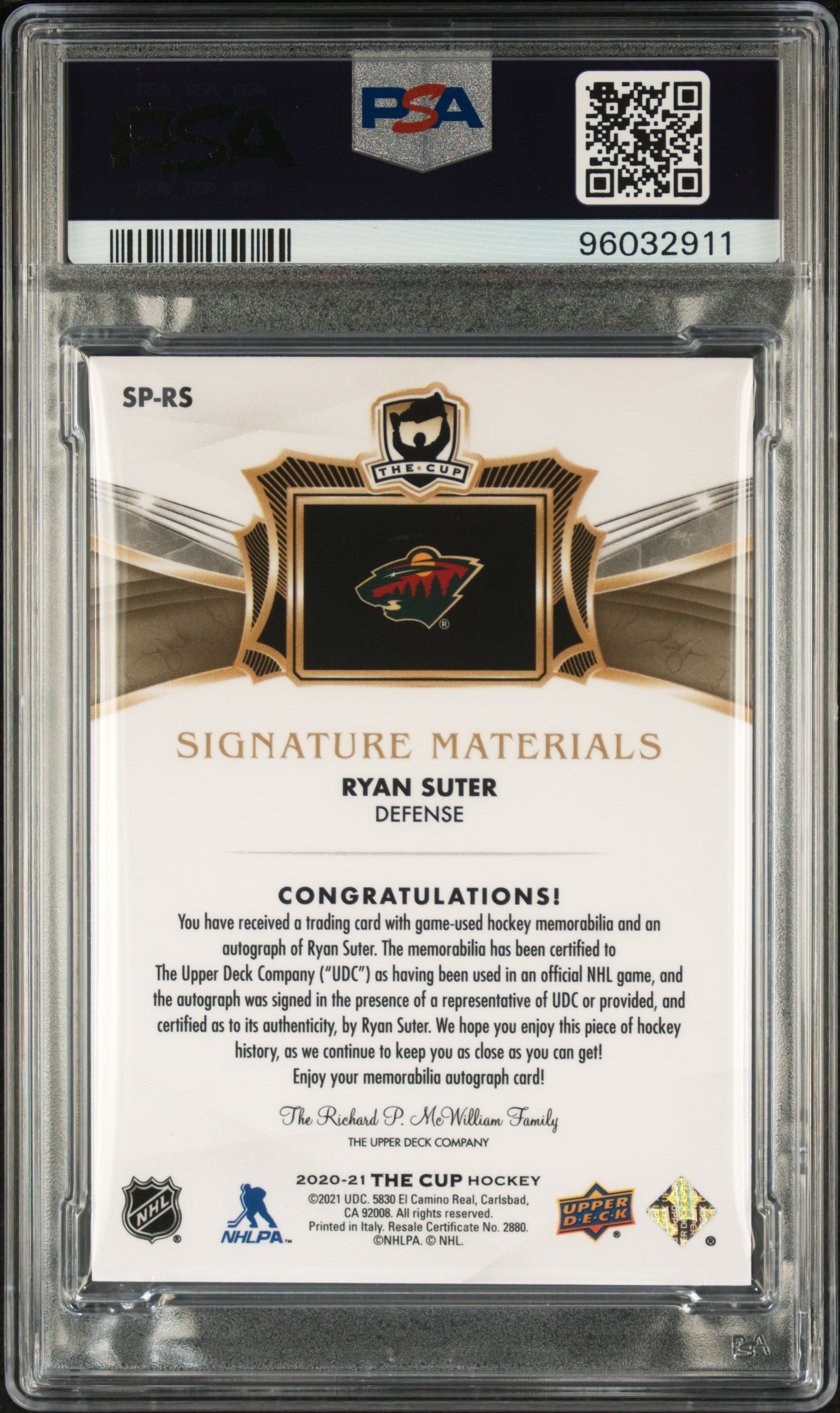 2020 Upper Deck The Cup Signature Materials Ryan Suter PSA 10 Auto - PSA 10