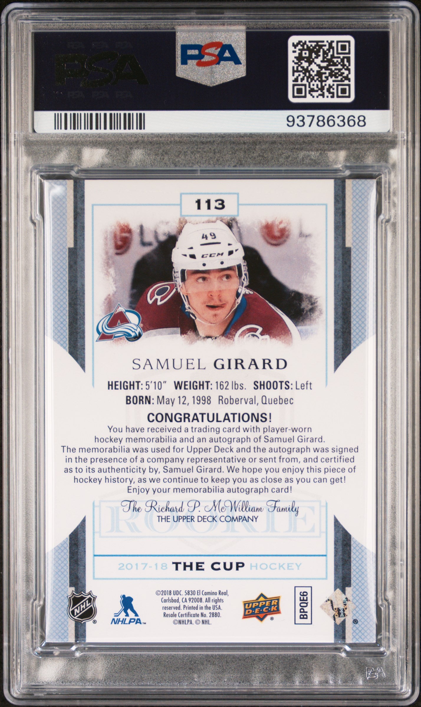 2017 Upper Deck The Cup Samuel Girard #113 Auto Patch PSA 5 - /249, ## 138/249