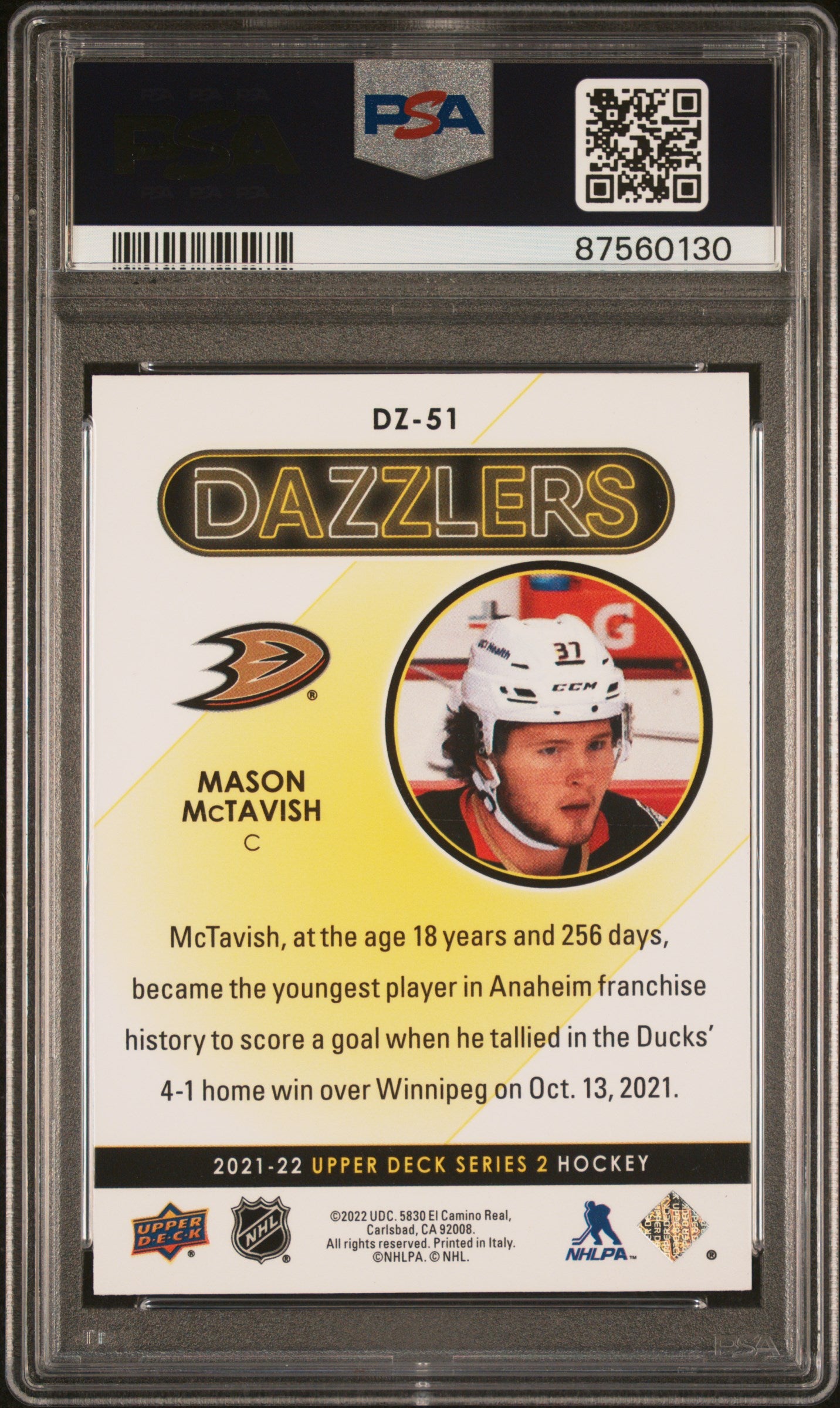 2021-2022 Upper Deck Dazzlers Mason Mctavish #DZ51 Purple PSA 10
