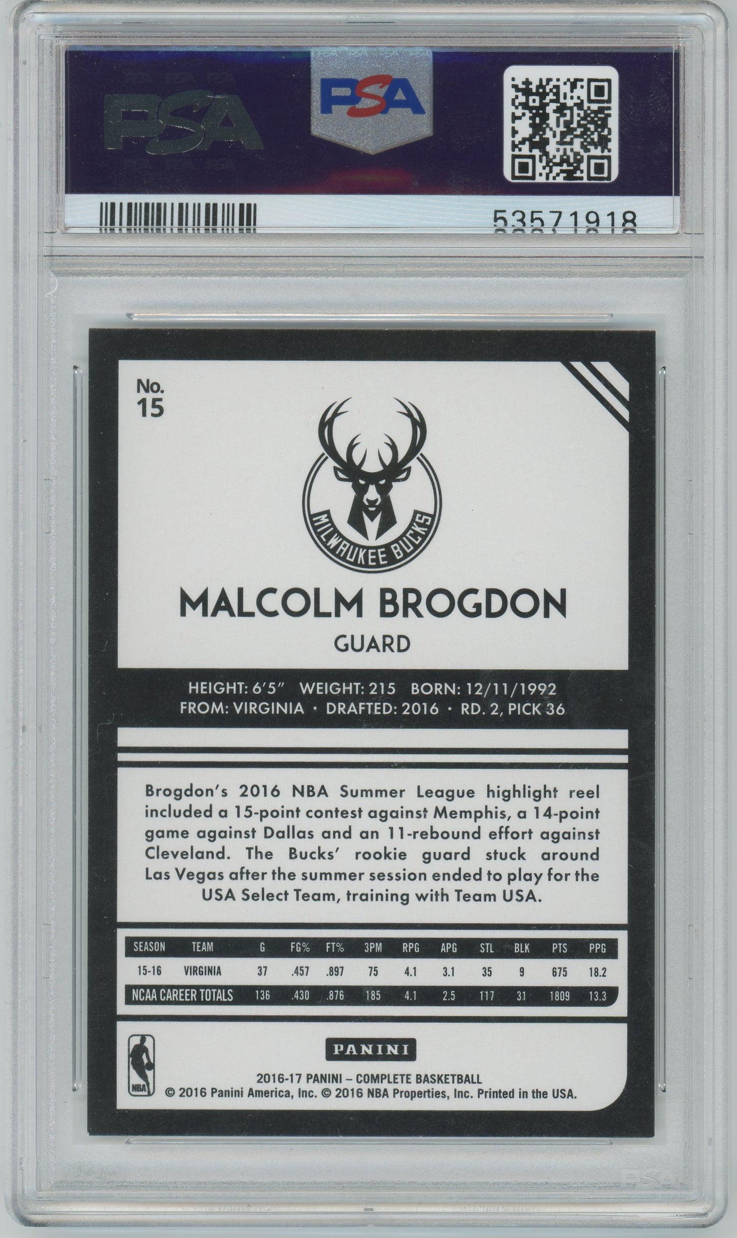 2016 Panini Complete Malcolm Brogdon ROOKIE #15 PSA 9