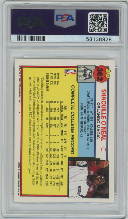 1992 Topps Shaquille O'Neal #362 - ROOKIE PSA 8 - ROOKIE