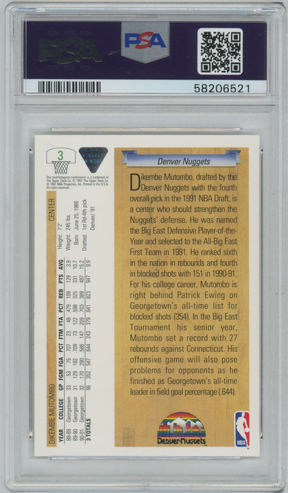 1991 Upper Deck #3 - Dikembe Mutombo - Nuggets ROOKIE HOF - PSA