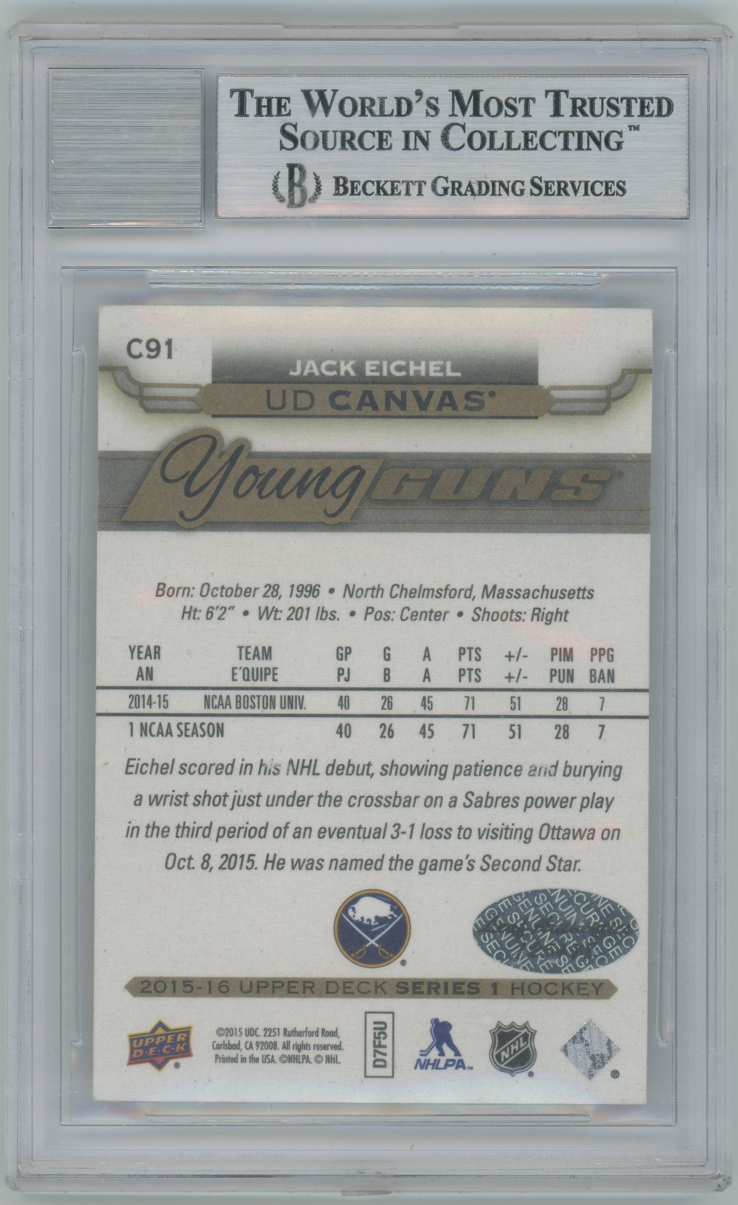 2015-16 Upper Deck Canvas Jack Eichel #C91 BGS Auto 10