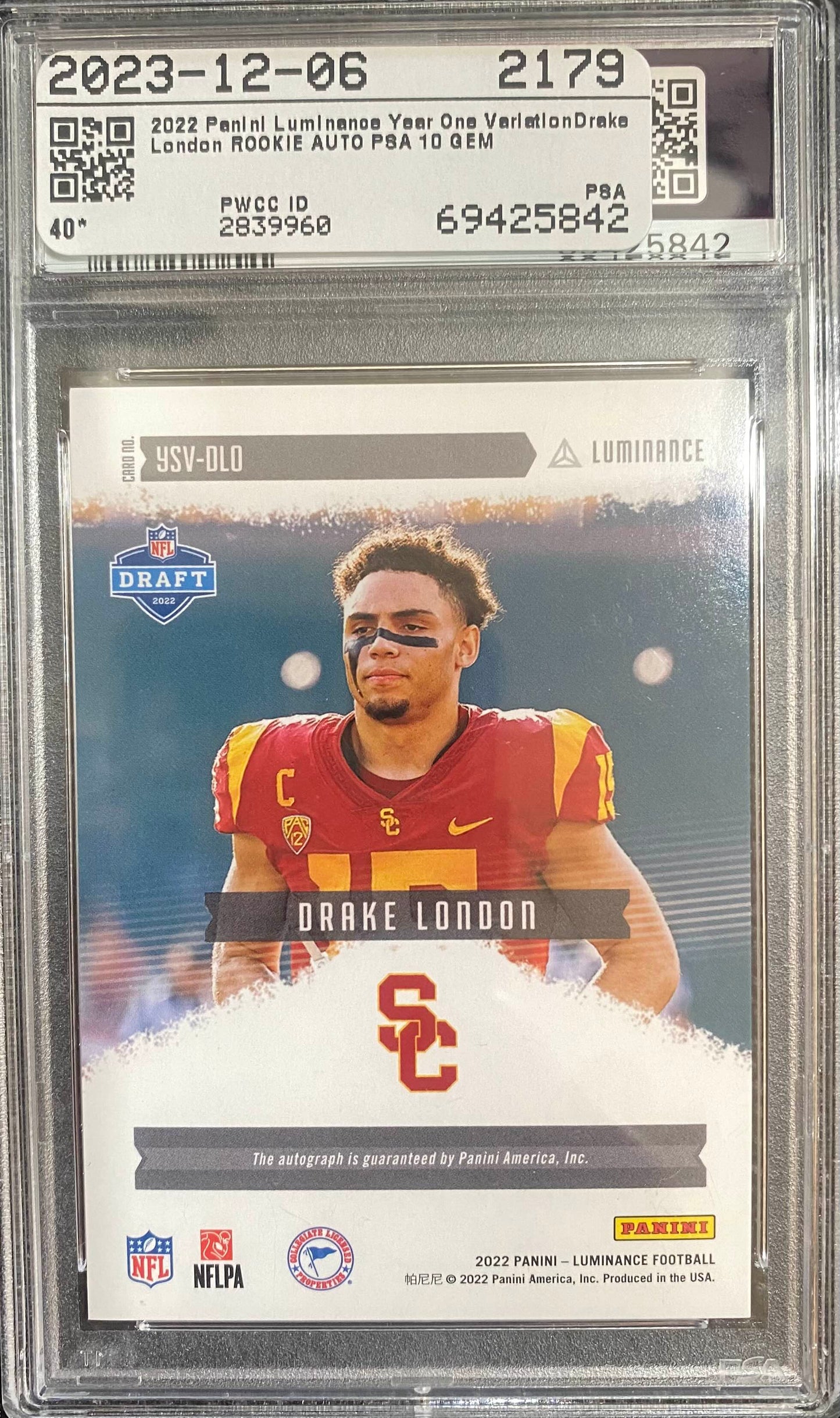 2022 Panini Luminance- Drake London - Year 1 Sig - VARIATION BLUE AUTO - PSA 10