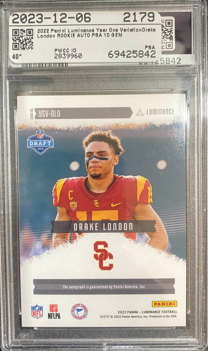2022 Panini Luminance- Drake London - Year 1 Sig - VARIATION BLUE AUTO - PSA 10