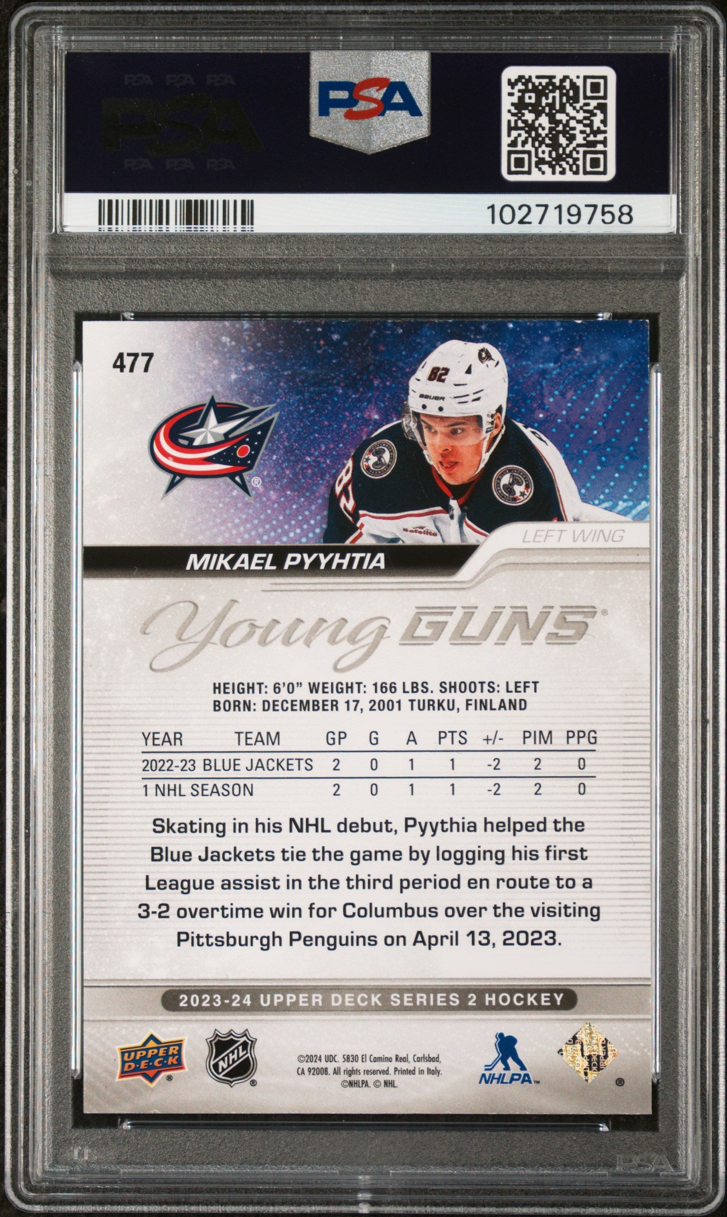 2023 Upper Deck Mikael Pyyhtia #477 Deluxe Serial Numbered ROOKIE /250 PSA -/250