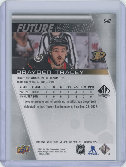 2022-23 SP Authentic Hockey Brayden Tracey #S-67 Future Watch Gold 43/50
