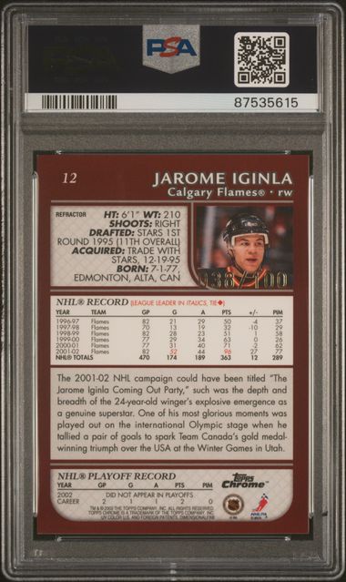 2002 Topps Chrome Hockey - Jarome Iginla #12 - Black Refractor /100 - PSA - /100