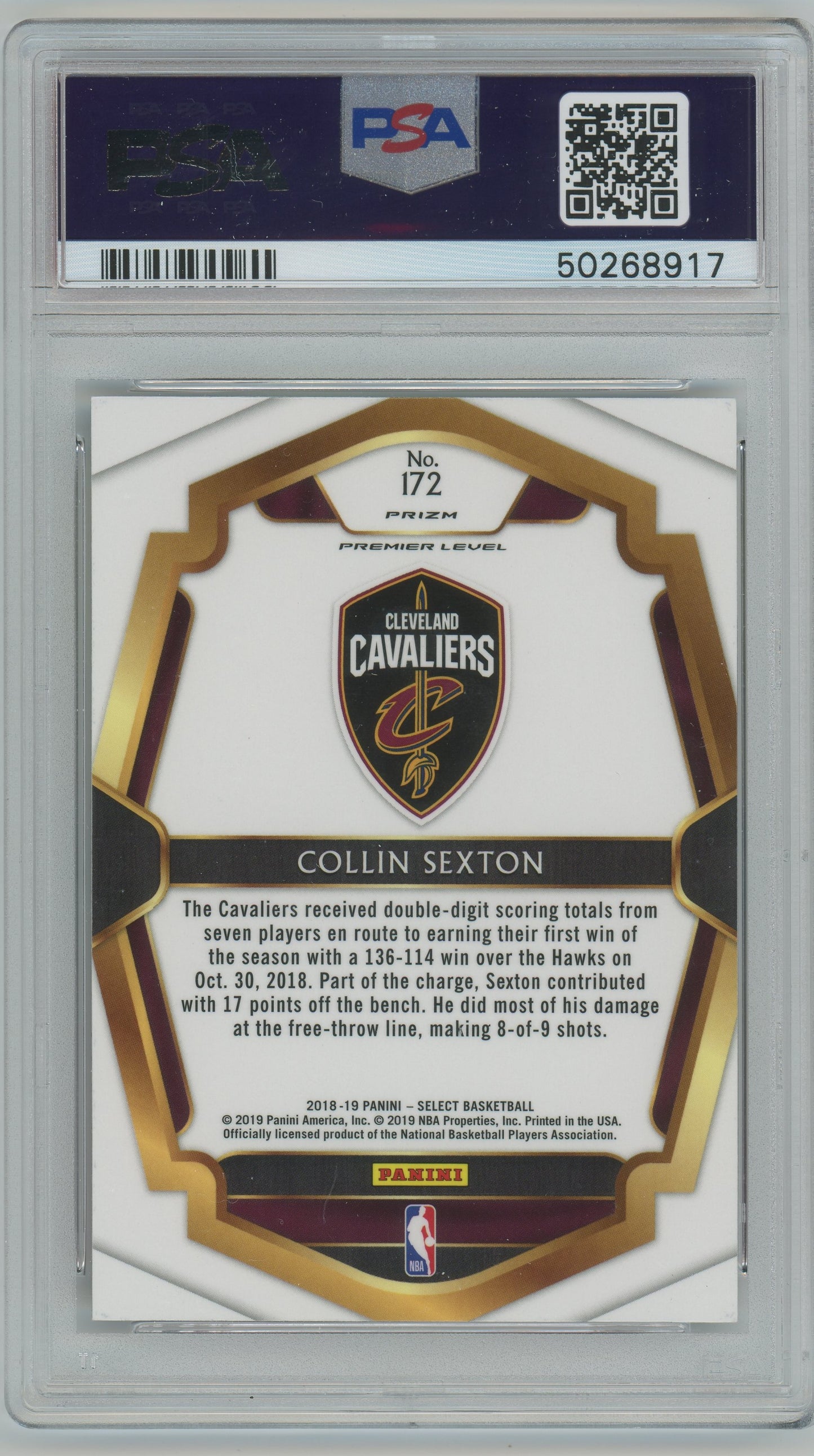 2018 Panini Select Collin Sexton ROOKIE #172 Tri Color Prizm PSA 10