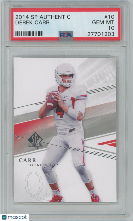 2014 SP Authentic #10 - Derek Carr - ROOKIE - Fresno State - PSA 10 GEM MINT