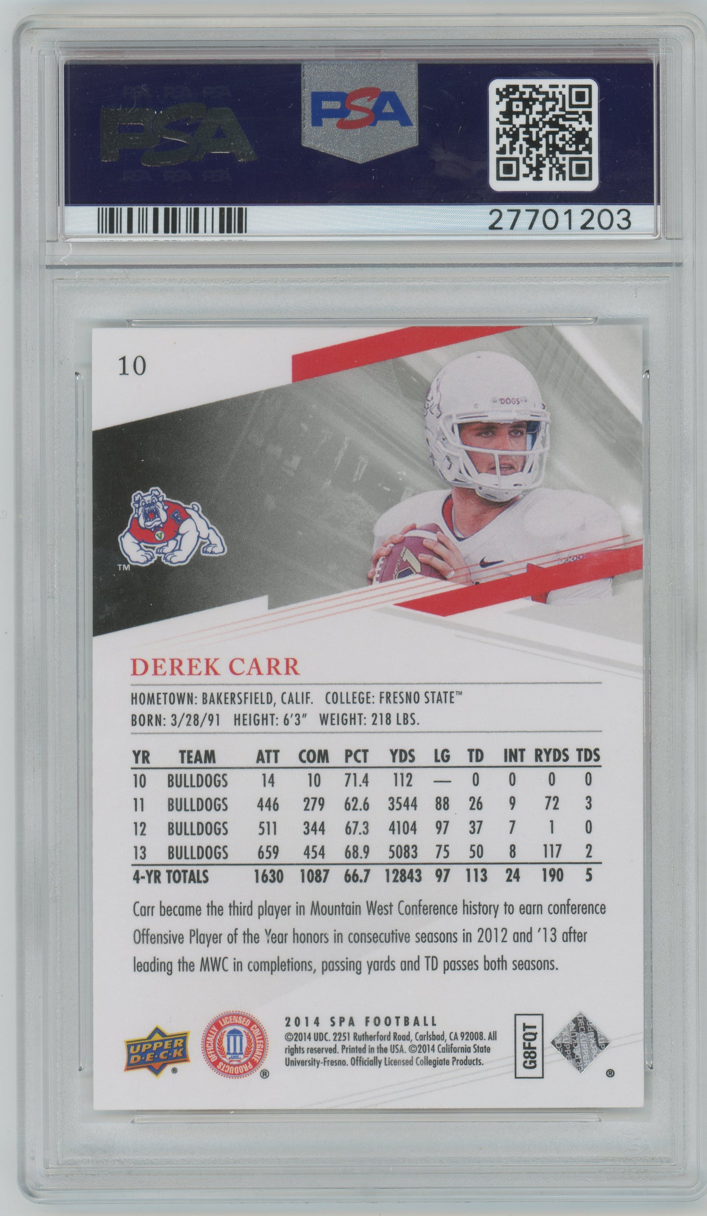 2014 SP Authentic #10 - Derek Carr - ROOKIE - Fresno State - PSA 10 GEM MINT