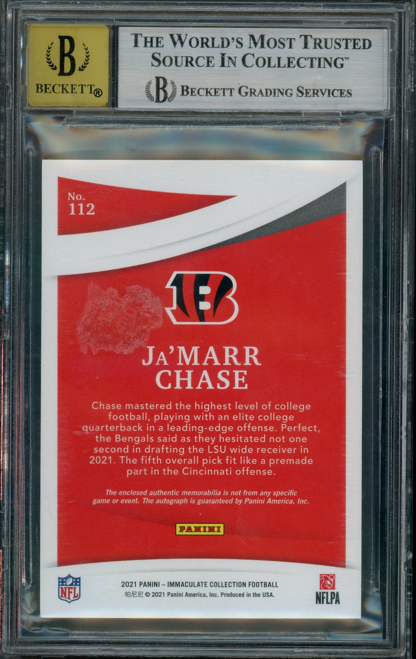 2021 Immaculate - Ja'Marr Chase - Rookie Patch AUTO /18 - BGS Auto 10 -  RPA /18
