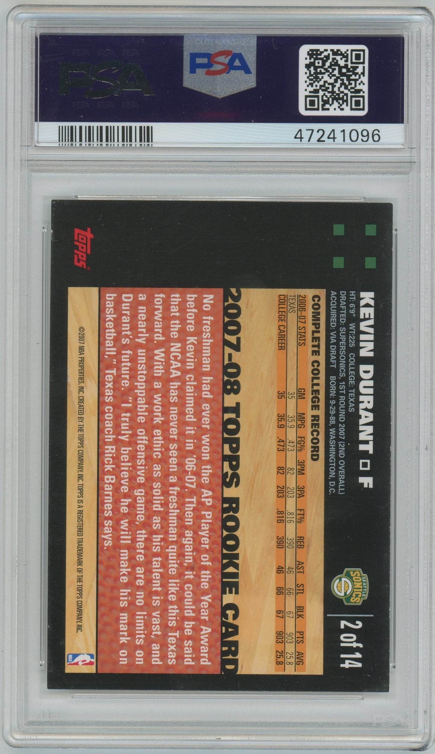 2007 Topps Rookie Card Kevin Durant #2 PSA 8 - ROOKIE