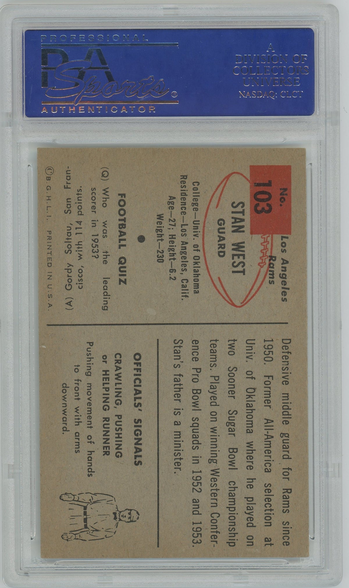 1954 Bowman NFL Football - Stan West #103 - LA Rams - PSA 7