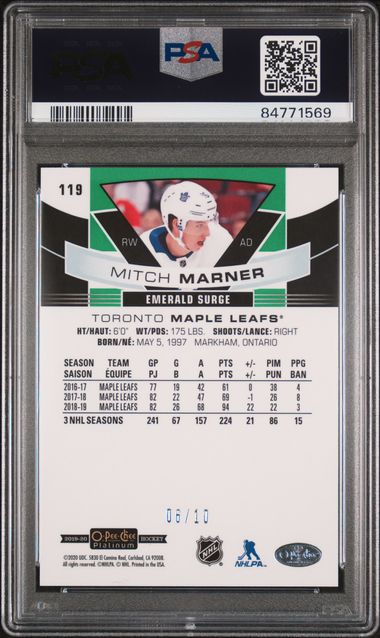 2019 O-Pee-Chee Platinum - Mitch Marner #119 - Emerald Surge /10 - PSA - /10