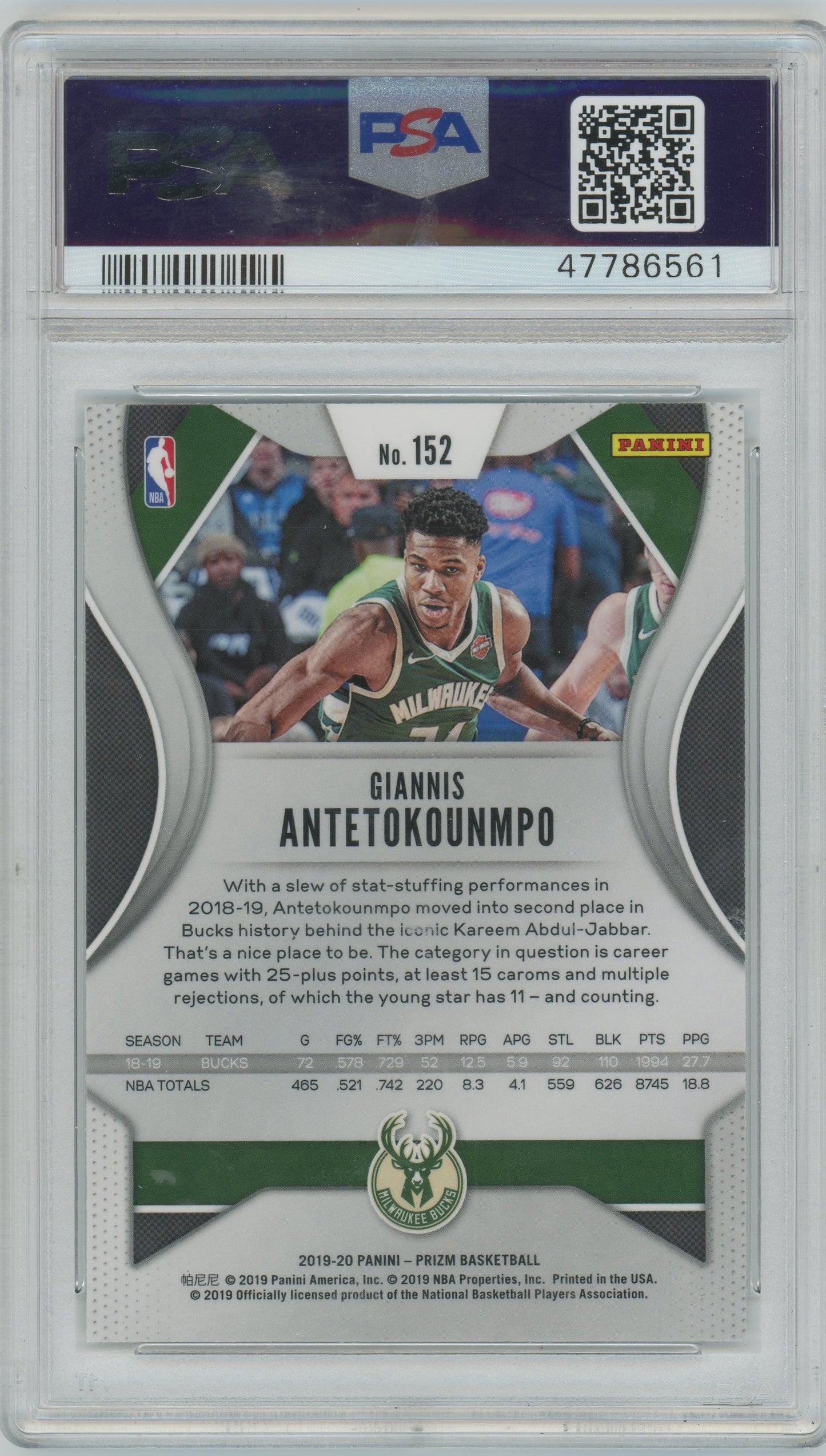 2019 Panini Prizm Giannis Antetokounmpo #152 PSA 10