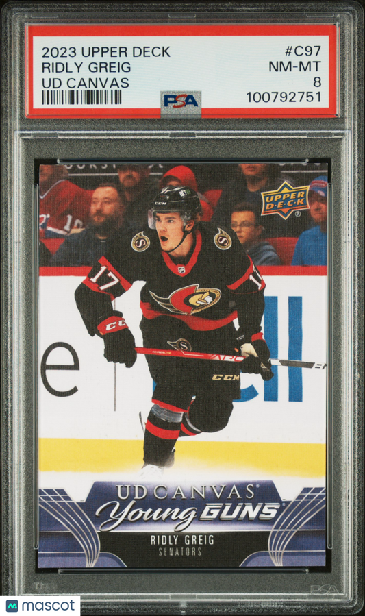 2023 Upper Deck UD Canvas Hockey Young Guns #C97 Ridly Greig RC Rookie PSA 8